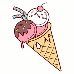 Scoop Ice Cream Cone with Cherry and Sprinkles Vector Illustration 