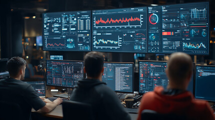 digital workplace IT professionals team monitoring network performance on screens ensuring cyber security reliable operations system uptime and modern business technology