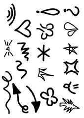 Hand drawn set of doodle arrows and various abstract symbols on a isolated white background