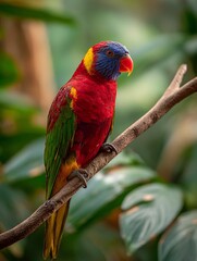 Vibrant parrot perched elegantly on a branch amidst verdant tropical foliage scene