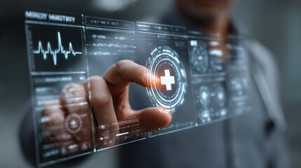 Health professional interacts with advanced digital interface in a modern medical facility