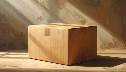 Cardboard box resting on a wooden surface, bathed in sunlight