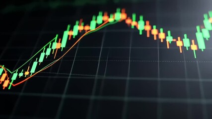 Candlestick chart with green and red bars shows stock market trends and price fluctuations on a dark trading screen. - Powered by Adobe