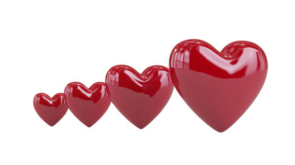 Four glossy red heart shapes in increasing size, arranged in row on transparent background, symbolize love, growth, and affection, creating romantic and uplifting mood