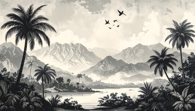 Monochrome tropical landscape - Powered by Adobe