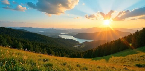 Golden hour sunlight bathes a vibrant Canadian landscape in warm hues Rolling hills, lush green forests, and a clear blue sky showcase the beauty of a Canadian daytime scene , field, scenery
