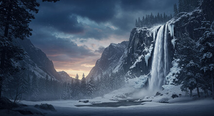 Winter waterfall mountain landscape snow