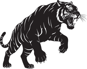 A black silhouette of a tiger leaping with an open mouth and visible teeth on a white background