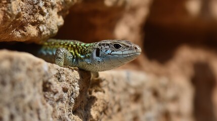 Fototapeta premium Lizard on stone wall closeup