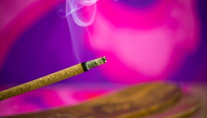 Incense stick with smoke against a vibrant pink and purple background