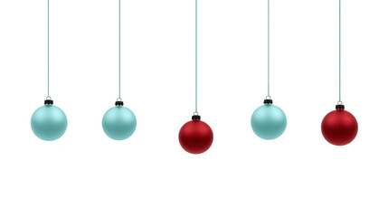 Hanging blue and red Christmas ornaments on strings, isolated on transparent background, festive holiday decoration, minimal style, joyful and elegant seasonal mood
