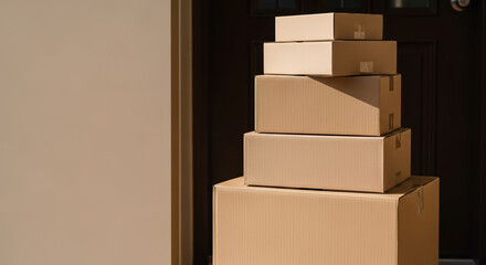 Stacked boxes create an orderly pile of packages, each a cardboard parcel. Stacked boxes of varying sizes offer practical storage, efficient shipping solutions, and moving supplies.