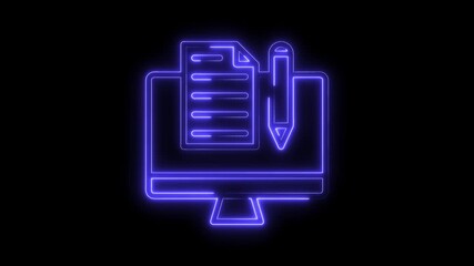 Neon computer screen with document and pencil for online writing and editing