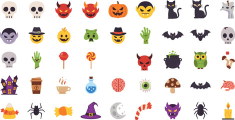 Colorful Halloween emojis set with skulls, devils, pumpkins, vampires, black cats, zombies, bats, witches, candy, brains, and spooky items