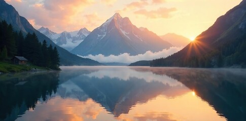 Serene mountain lake at sunrise, mist clinging to the peaks, reflecting golden light Perfect for travel, nature, or environmental projects , peaceful atmosphere, outdoors