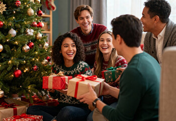 Young friends exchanging gifts at home during Christmas celebration by decorated tree, smiling and enjoying holiday together in cozy living room with winter festive atmosphere