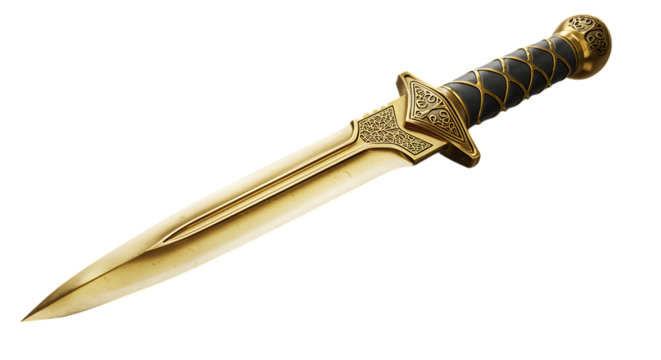 golden dagger with intricate handle design on transparent background
