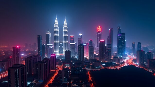 Malaysia Day Theme, cyberpunk Kuala Lumpur skyline glowing neon. - Powered by Adobe