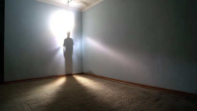 A mystical silhouette of a man in an empty room with a flickering lamp. Rays of light diverge to the sides. Ideal for thrillers and horrors.