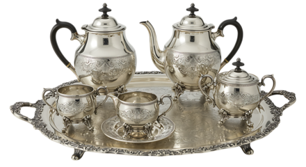 elegant silver tea set on tray on transparent background