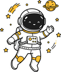 Cartoon astronaut floating in space surrounded by stars and a planet with a smiling face design illustration