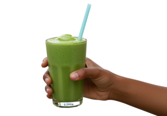 hand holding glass of green smoothie with straw on transparent background
