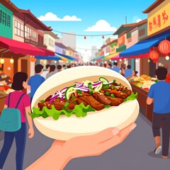 Hand holding a delicious Asian-style sandwich in a bustling market scene