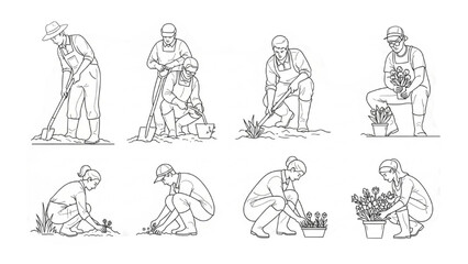 Country People Crouching Vector | Farmers Gardeners Florists Line Drawings