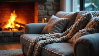 Cozy winter scene featuring a plush couch draped with a thick, textured throw blanket, perfect for a relaxing evening by the fire  Warm lighting enhances the inviting atmosphere ,  homey,  calm