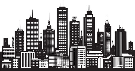 Black and white silhouette of a city skyline with diverse buildings