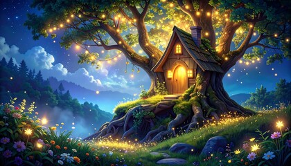 Cozy cottage nestled in a large tree, illuminated by strings of lights, magical feel