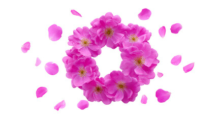 Pink flower wreath with scattered petals, delicate floral arrangement, romantic and cheerful, suitable for spring or summer decoration, isolated on transparent background