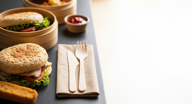 Delicious burger presentation with fresh sandwiches and toasted bread on countertop. Burger presentation includes juicy sandwich ingredients: meat and crispy salad, with cheese and fresh bread.