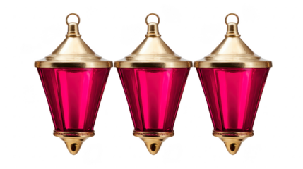 Three vintage lanterns red glass gold metal hanging isolated traditional decorative festive elegant classic style warm ambiance
