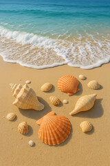 Seashells and Ocean Waves Summer Beach Scene high quality realistic image.