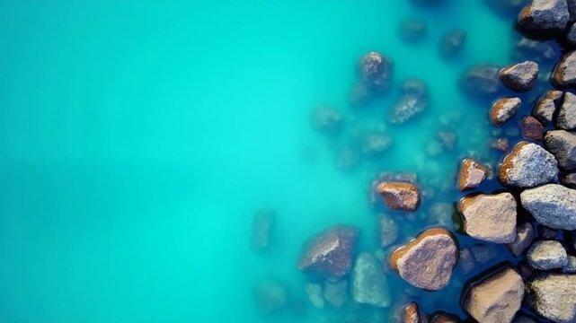 Aerial view from above on calm azure sea and volcanic rocky shores. Small waves on water surface in motion blur. Nature summer ocean sea beach background. Nobody. Holiday, vacation and travel concept