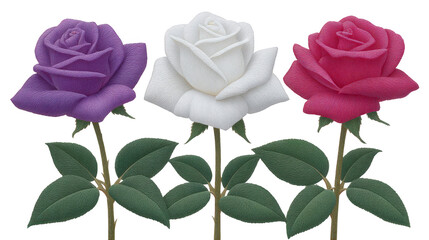 Purple rose white rose and red rose with green leaves detailed petals and realistic texture symbolizing love purity and admiration isolated on transparent background