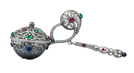 ornate silver spoon with gemstones on transparent background