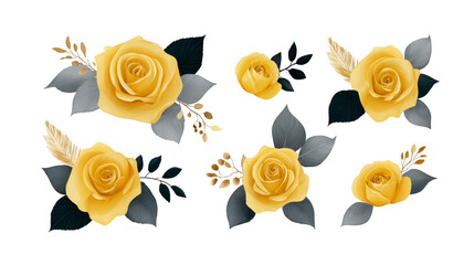 Yellow rose gray leaf gold accent floral arrangement botanical elegant decorative isolated romantic nature beautiful yellow rose with gray leaves and gold accents elegant floral arrangement