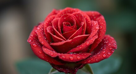 Closeup of a vibrant red rose with water droplets highlighting its intricate petal arrangement