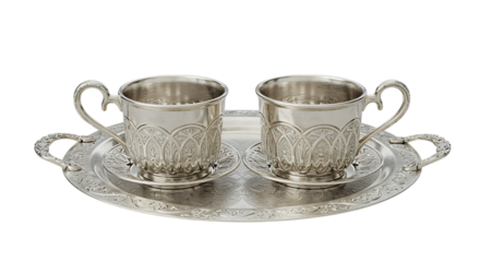 two silver cups on ornate tray on transparent background