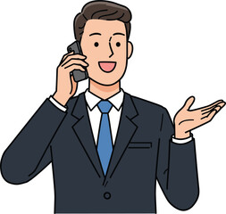 Businessman in suit talking on mobile phone, cartoon corporate character communication, professional office worker in conversation illustration.