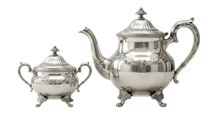 elegant silver teapot and sugar bowl set on transparent background