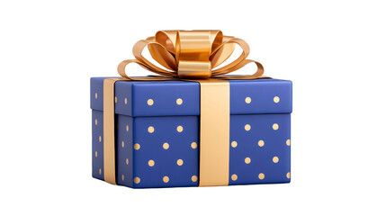 Blue gift box with gold ribbon polka dot pattern festive decoration elegant present celebration surprise cheerful isolated on transparency background holiday packaging