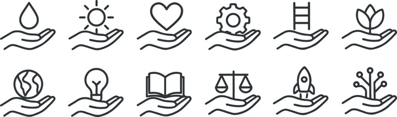 Hands Holding Sustainability & Innovation Icons – Line Art Vector Set for ESG, Education, Technology, and Social Impact