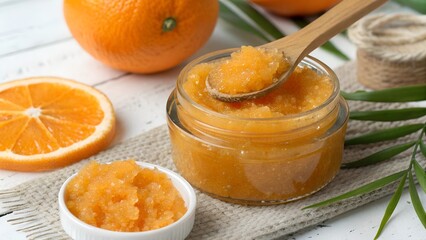 orange body scrub in glass jar with wooden spoon