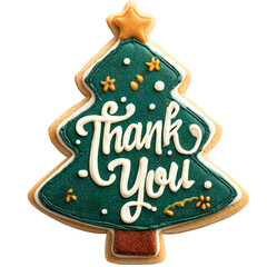 thank you text on emerald green christmas cookie background; farewell gift, going-out present,  xmas object isolated over white (transparent) background; flat lay