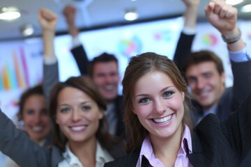 Fototapeta premium A group of young business professionals celebrating success with their arms raised high, expressing joy and achievement in a modern office setting, smiling faces.