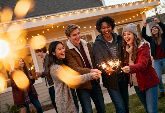 Young friends celebrating with sparklers outdoors at night during winter holiday, laughing and enjoying festive party with lights and phone camera