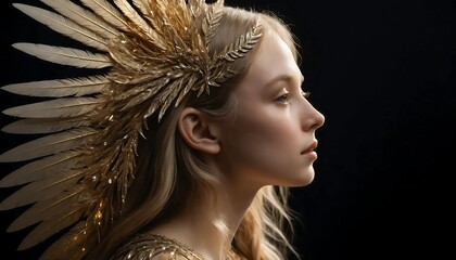 A profile portrait of a fair-skinned woman adorned with a golden feathered headdress, set against a dark backdrop.